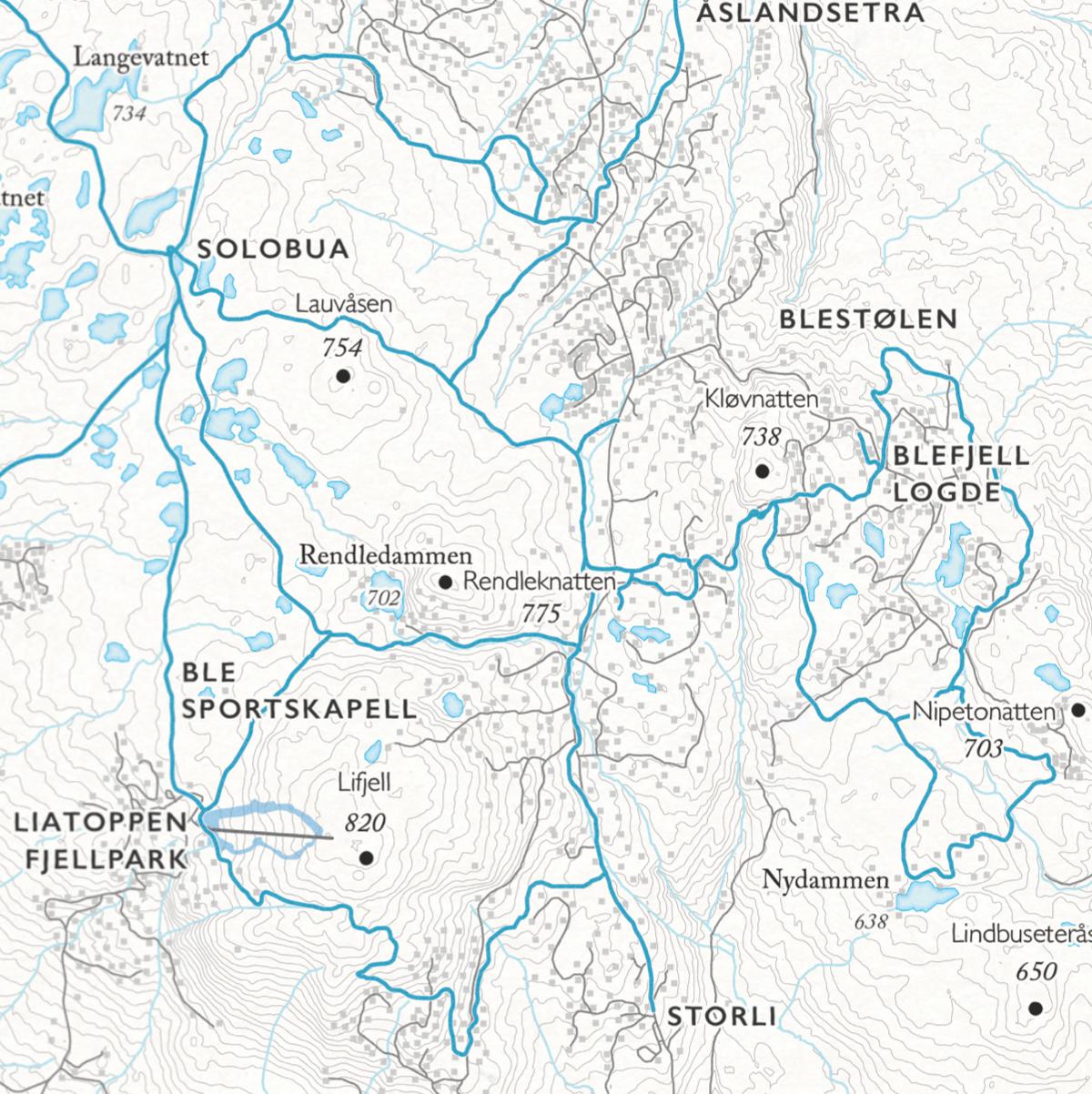 Langrennskart over Blefjell som viser Blefjell Lodge, Solobua og Liatoppen fjellparken.
