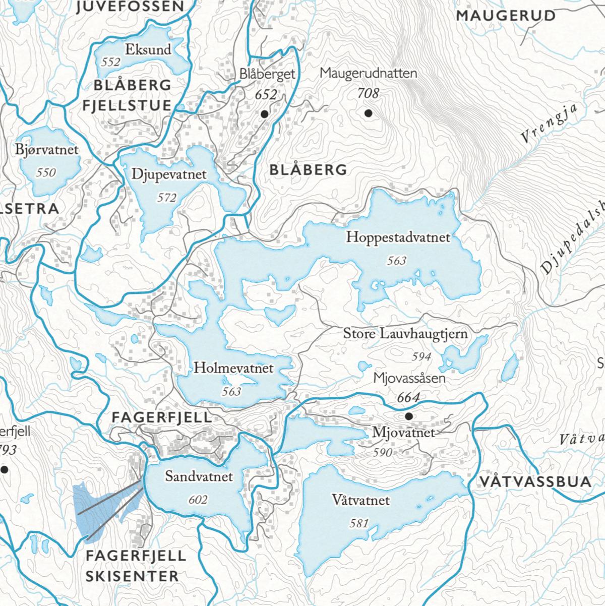 Skikart over Blefjell som viser Blåberg fjellstua, Maugerud, fagerfjell og Våtvassbua.