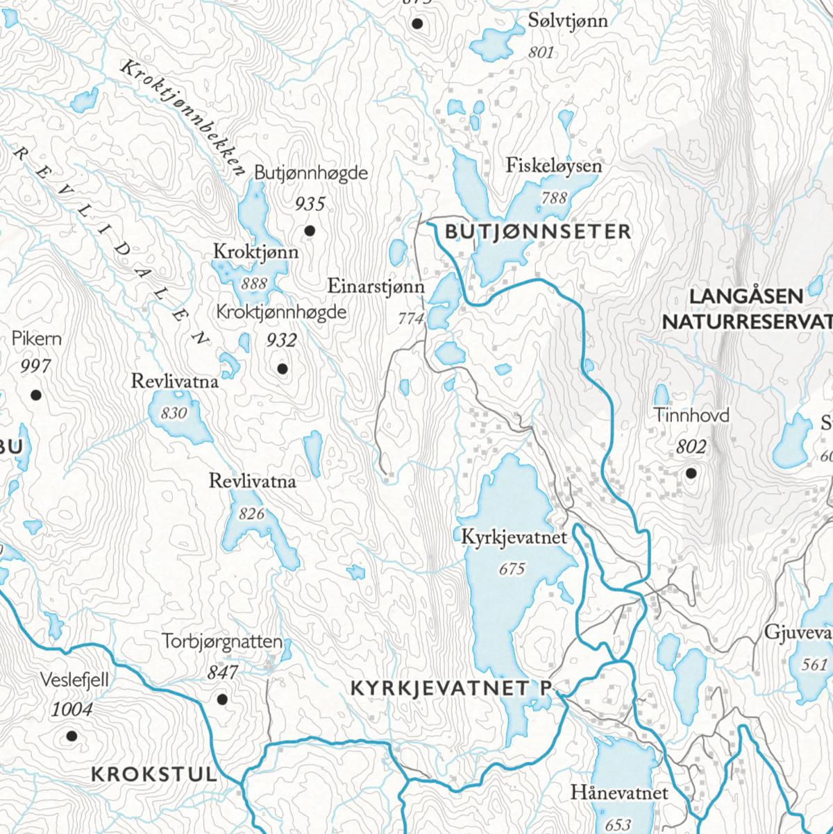 SKikart over Blefjell som viser Butjønnseter, Kyrkjevatnet og Krokstul.