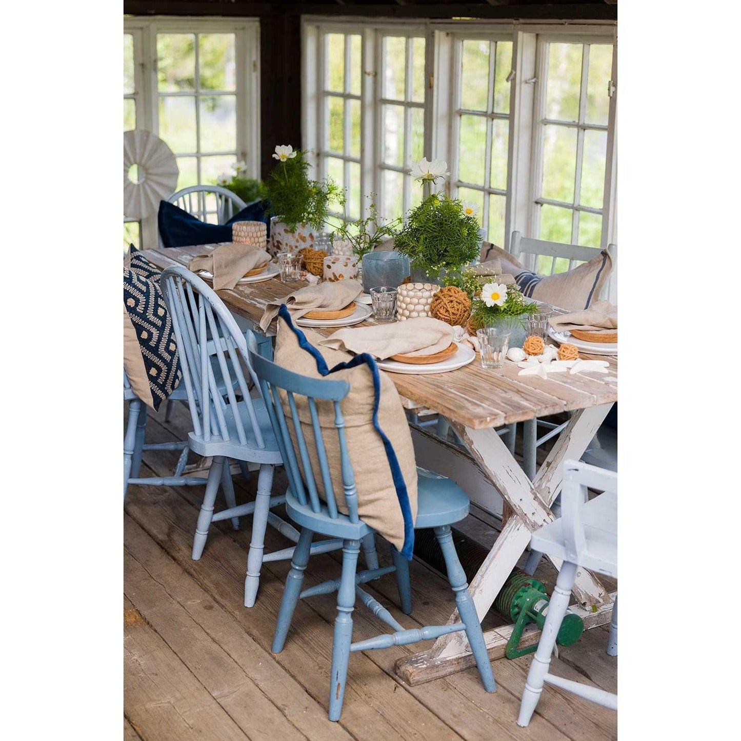 Putetrekk I Grov Lin med Blå Fløyelskant 50x50 cm-Putetrekk-Lama-Hyttefeber