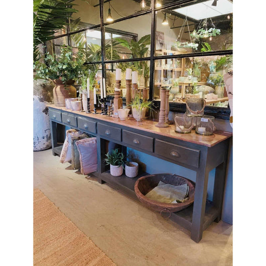 Stor, vintage skjenk med 6 skuffer - Grønn/Natur - 244x40x77cm-Møbler og Bord-Trend Design-Hyttefeber