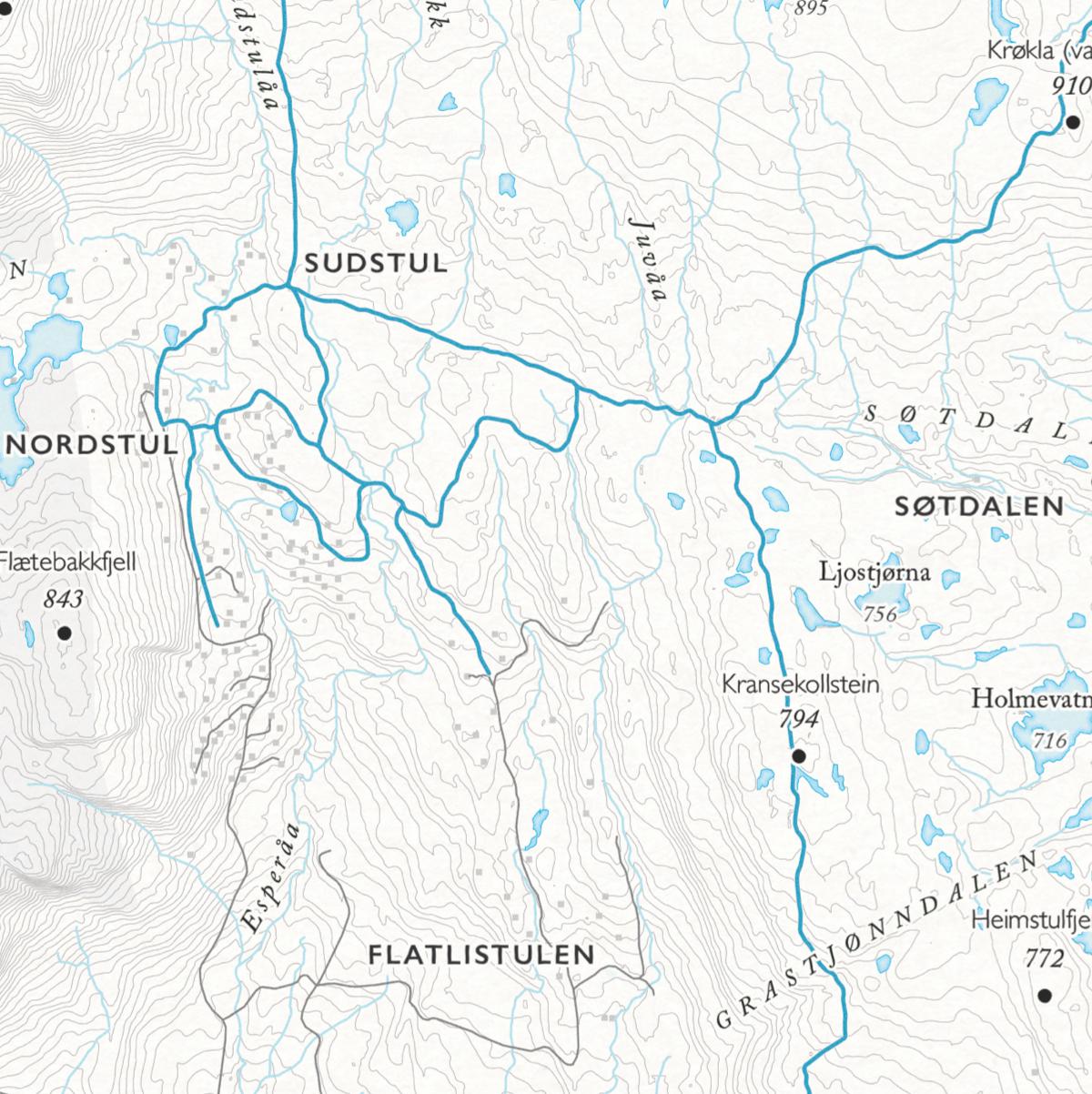 Langrennskart over Blefjell som viser Sudstul, Søtdalen og Flatlistulen