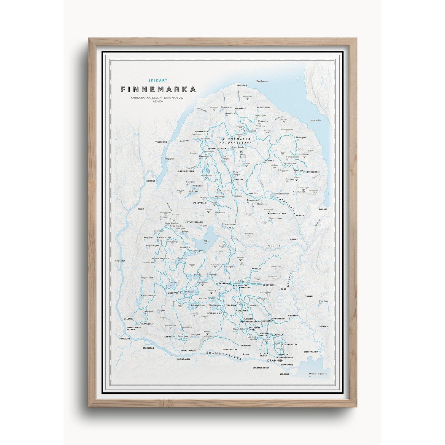 Skikart Finnemarka som viser Glitre, Eiksætra, Lier, Drammensjorden, Tverråsruden,