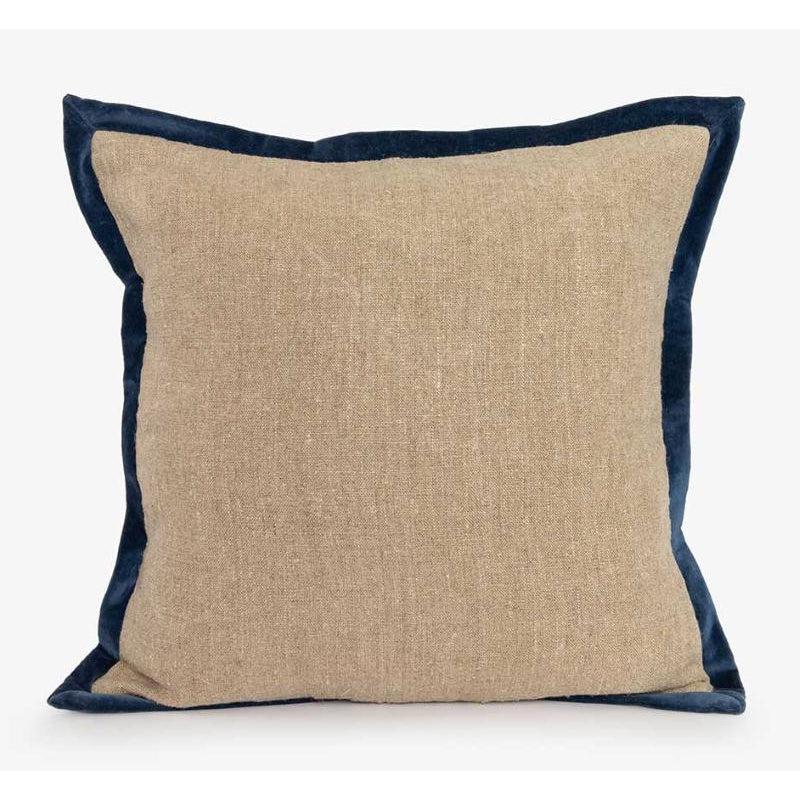 Putetrekk I Grov Lin med Blå Fløyelskant 50x50 cm-Putetrekk-Lama-Hyttefeber