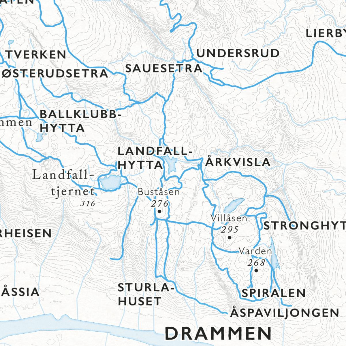 Skikart Finnemarka som viser Årksvisla, Sturlahuset, Spiralen, Landfallhytta og Sausetra